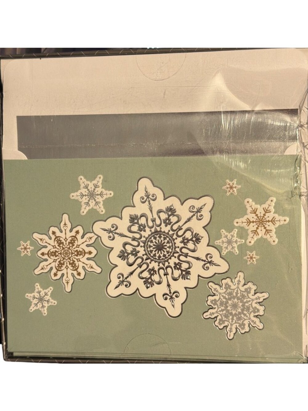 16 Elegant Holiday Christmas Cards Foil Lined Envelopes Snowflakes Silver Green